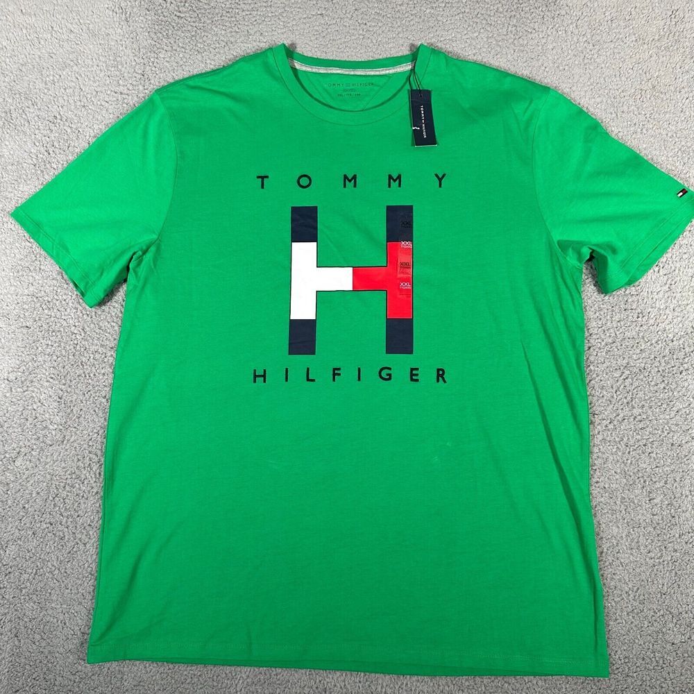 Tommy Hilfiger Shirt Mens Size 2XL Green Short Sleeve‎ Logo Casual Cotton *Read